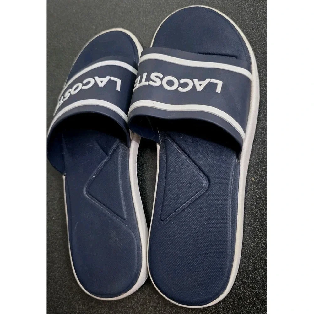 Lacoste Slides Sandals Slip On Navy Blue Woman 7 Beach Coastal Nautical‎ EUC